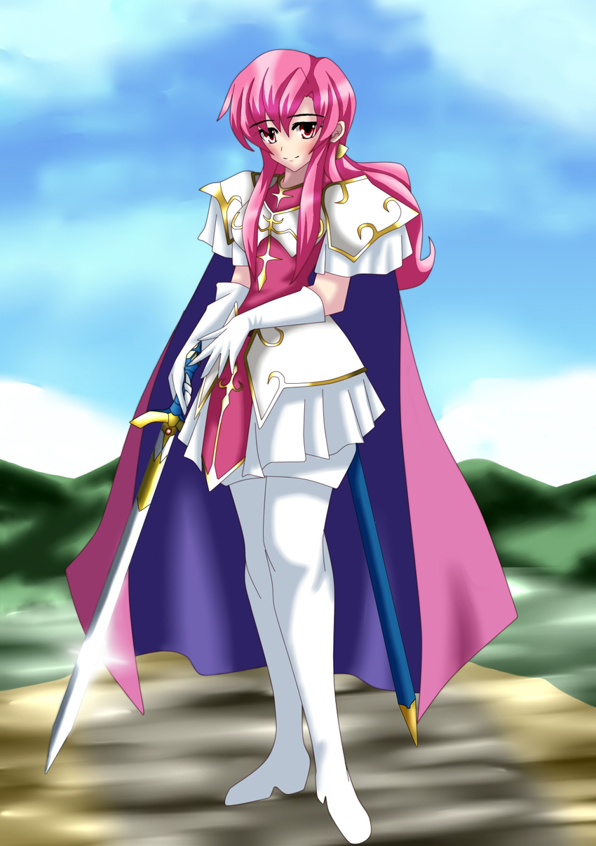 armor benitsuki_tokei breastplate ethlin_(fire_emblem) fire_emblem fire_emblem:_seisen_no_keifu gloves highres holding holding_sword holding_weapon long_hair looking_at_viewer pauldrons pink_hair solo sword weapon