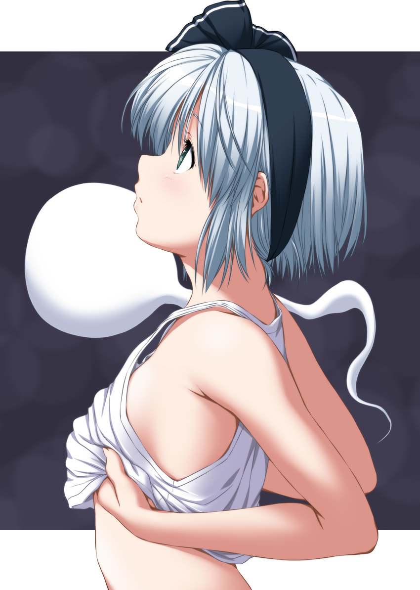bare_arms black_background black_ribbon breasts clothes_lift from_side green_eyes hair_ribbon highres konpaku_youmu konpaku_youmu_(ghost) lifted_by_self looking_up nori_tamago profile revision ribbon short_hair silver_hair small_breasts solo strap_gap tank_top touhou upper_body