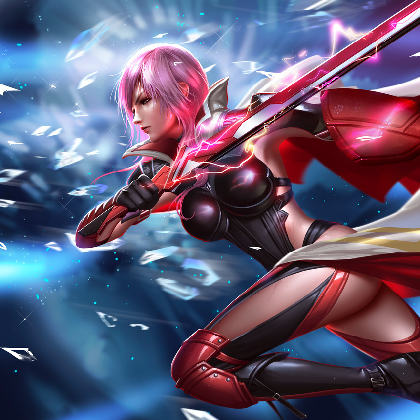 1girl absurdres armor bent_knee boobplate boots breastplate breasts cape crystal final_fantasy final_fantasy_xiii gloves glowing glowing_weapon highres knee_pads liang_xing lightning_farron lightning_returns:_final_fantasy_xiii looking_to_the_side medium_breasts pink_hair popped_collar running shards shield solo sweat sword thigh_boots thighhighs weapon