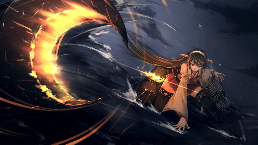 bangs bare_shoulders black_legwear boots brown_hair cannon cloud cloudy_sky commentary_request dazzle_paint detached_sleeves hair_between_eyes hair_ornament haruna_(kantai_collection) headgear highres kantai_collection lens_flare long_hair nontraditional_miko ocean on_water one_knee open_mouth pleated_skirt remodel_(kantai_collection) rigging senwa skirt sky sliding thigh_boots thighhighs turret zettai_ryouiki