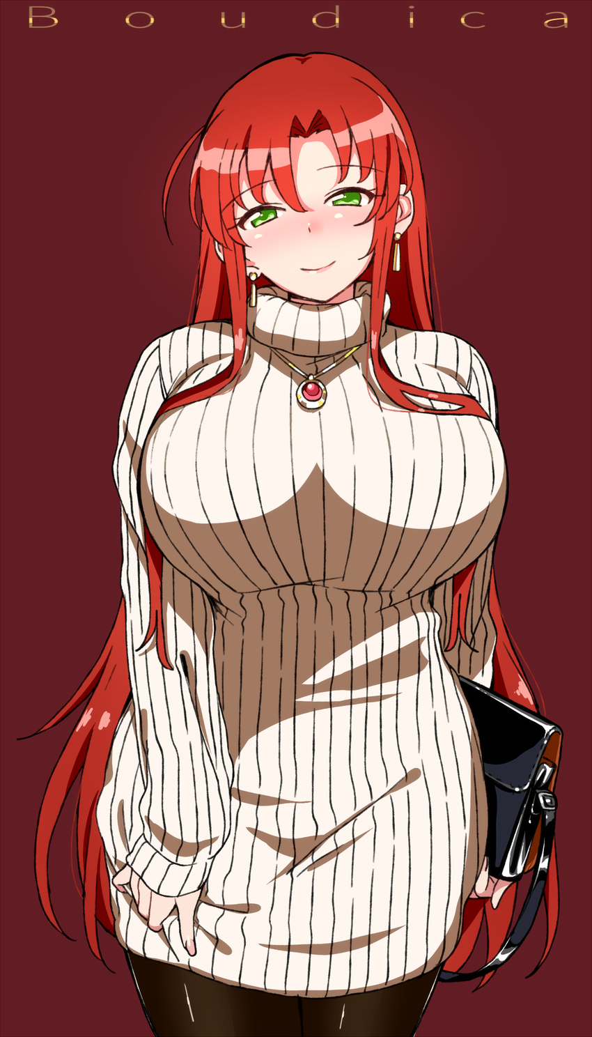 alternate_hair_length alternate_hairstyle bangs black_legwear blush boudica_(fate/grand_order) breasts brown_background character_name closed_mouth commentary_request cowboy_shot curvy dress earrings eyebrows_visible_through_hair fate/grand_order fate_(series) half-closed_eyes highres huge_breasts jewelry komusou_(jinrikisha) long_hair looking_at_viewer pantyhose parted_bangs red_hair ribbed_sweater seductive_smile sidelocks simple_background sleeves_past_wrists smile solo sweater sweater_dress turtleneck turtleneck_sweater white_sweater