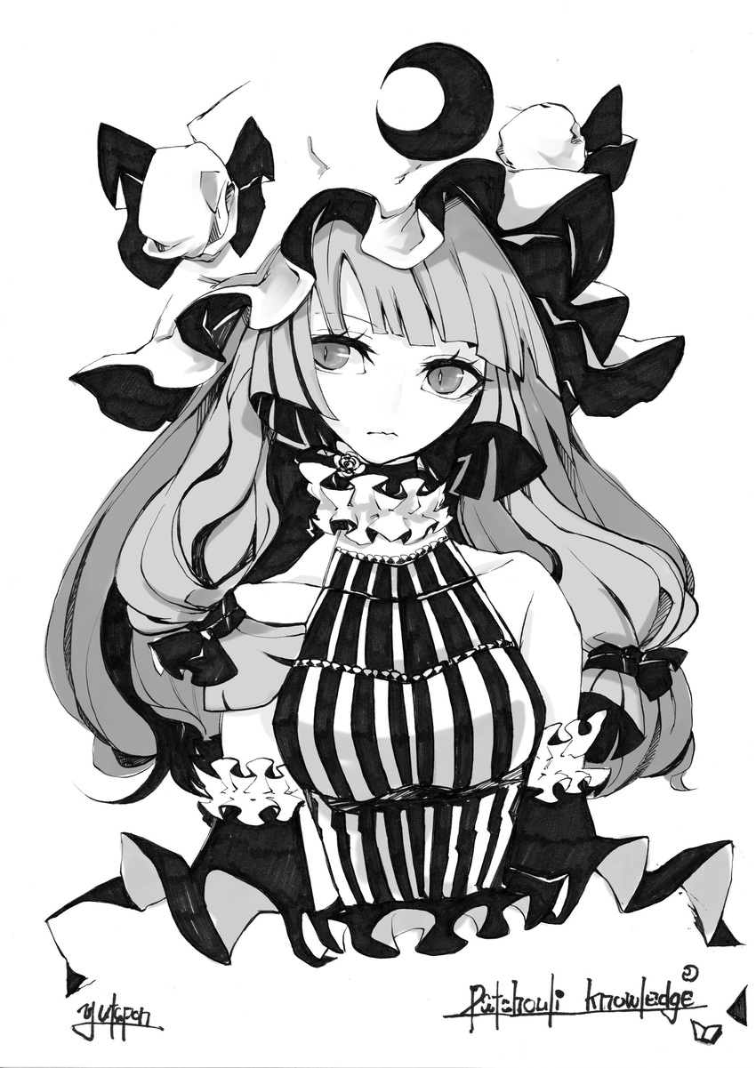 absurdres artist_name bangs bare_shoulders blunt_bangs bow character_name closed_mouth collarbone crescent crescent_hair_ornament detached_sleeves greyscale hair_bow hair_ornament hat highres long_hair looking_at_viewer mob_cap monochrome patchouli_knowledge simple_background sleeveless solo striped touhou white_background yutapon