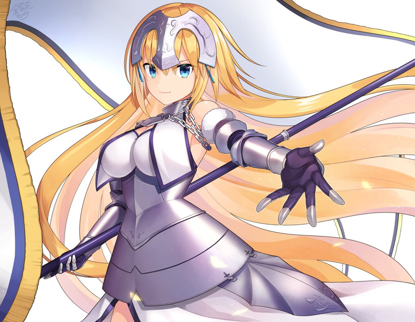 armor armpits blonde_hair blue_eyes breasts cleavage commentary detached_sleeves fate/apocrypha fate_(series) faulds flag gauntlets headpiece holding holding_flag jeanne_d'arc_(fate) jeanne_d'arc_(fate)_(all) kinsenka_momi large_breasts long_hair looking_at_viewer outstretched_arm plackart signature smile solo very_long_hair