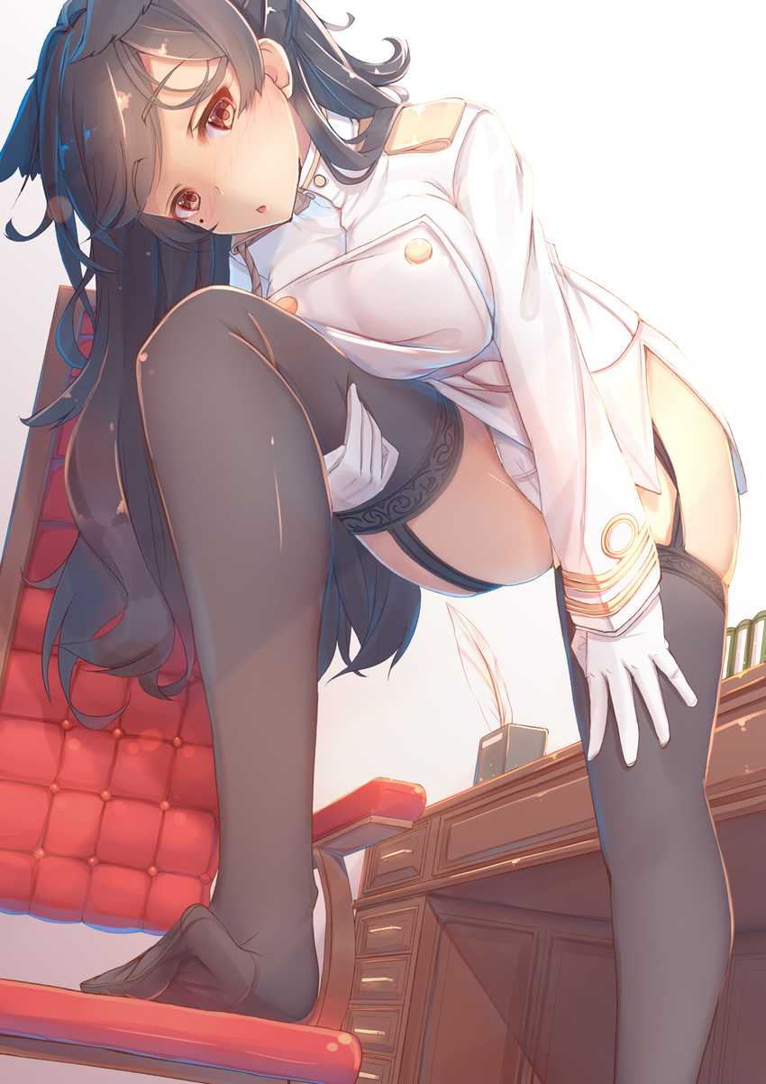 animal_ears atago_(azur_lane) azur_lane bangs black_hair blush book breasts ceiling chair desk epaulettes extra_ears garter_straps gloves hand_on_leg hand_on_thigh highres indoors jacket large_breasts leaning_forward lips long_hair long_sleeves looking_at_viewer military military_uniform miniskirt mole mole_under_eye naval_uniform no_shoes office_chair parted_lips pencil_skirt quill skindentation skirt solo standing_on_chair tatapopo thighhighs toes uniform white_gloves white_jacket