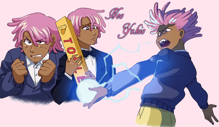 black_bow black_neckwear bow bowtie clenched_hands clenched_teeth copyright_name cropped_torso dark_skin dark_skinned_male energy_ball hairlocs kaz_kaan luaudrey male_focus neo_yokio pink_background pink_hair purple_eyes short_hair simple_background sweat sweater teeth toblerone tuxedo