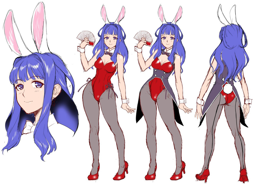 animal_ears ass bare_shoulders blue_eyes blue_hair breasts bunny_ears bunny_tail bunnysuit card cleavage coattails commentary concept_art detached_collar earrings full_body high_heels highres holding jewelry leotard long_hair looking_at_viewer medium_breasts multiple_views pantyhose simple_background standing strapless strapless_leotard tail taimanin_(series) taimanin_asagi_kessen_arena turnaround white_background wrist_cuffs zol