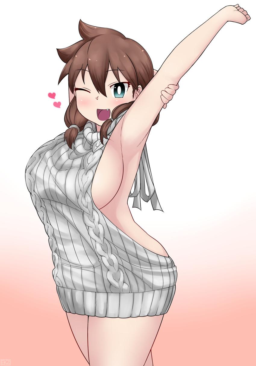 ;d amano_megumi amano_megumi_wa_suki_darake! aran_sweater arm_behind_head armpits blue_eyes blush breasts brown_hair clenched_hand ekz_(drawfag) eyebrows_visible_through_hair fang from_side grabbing_own_arm gradient gradient_background hair_between_eyes heart highres large_breasts looking_at_viewer meme_attire one_eye_closed open_mouth outstretched_arm ribbed_sweater smile solo sweater turtleneck turtleneck_sweater twintails v-shaped_eyebrows virgin_killer_sweater white_sweater