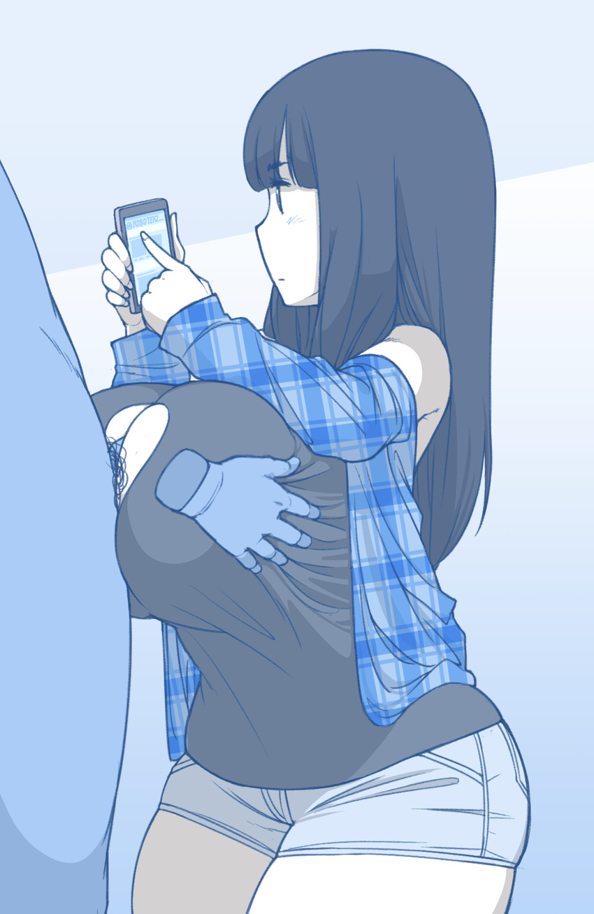 bangs black_hair blue blunt_bangs blush breasts cellphone closed_mouth disembodied_limb ekz_(drawfag) eyebrows_visible_through_hair hetero highres holding holding_phone large_breasts long_hair long_sleeves male_pubic_hair monochrome multitasking off_shoulder open_clothes open_shirt original paizuri paizuri_under_clothes penis perpendicular_paizuri phone plaid plaid_shirt profile pubic_hair shirt short_shorts shorts sketch smartphone solo_focus unmoving_pattern