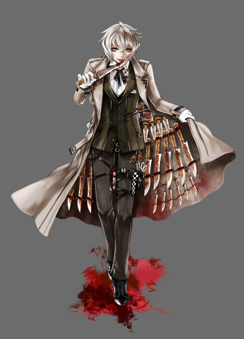 :p apt belt blood blood_on_face brown_eyes coat full_body gloves grey_background gyakushuu_no_fantasica highres holding holding_weapon male_focus official_art pants silver_hair simple_background smile solo tongue tongue_out weapon white_gloves