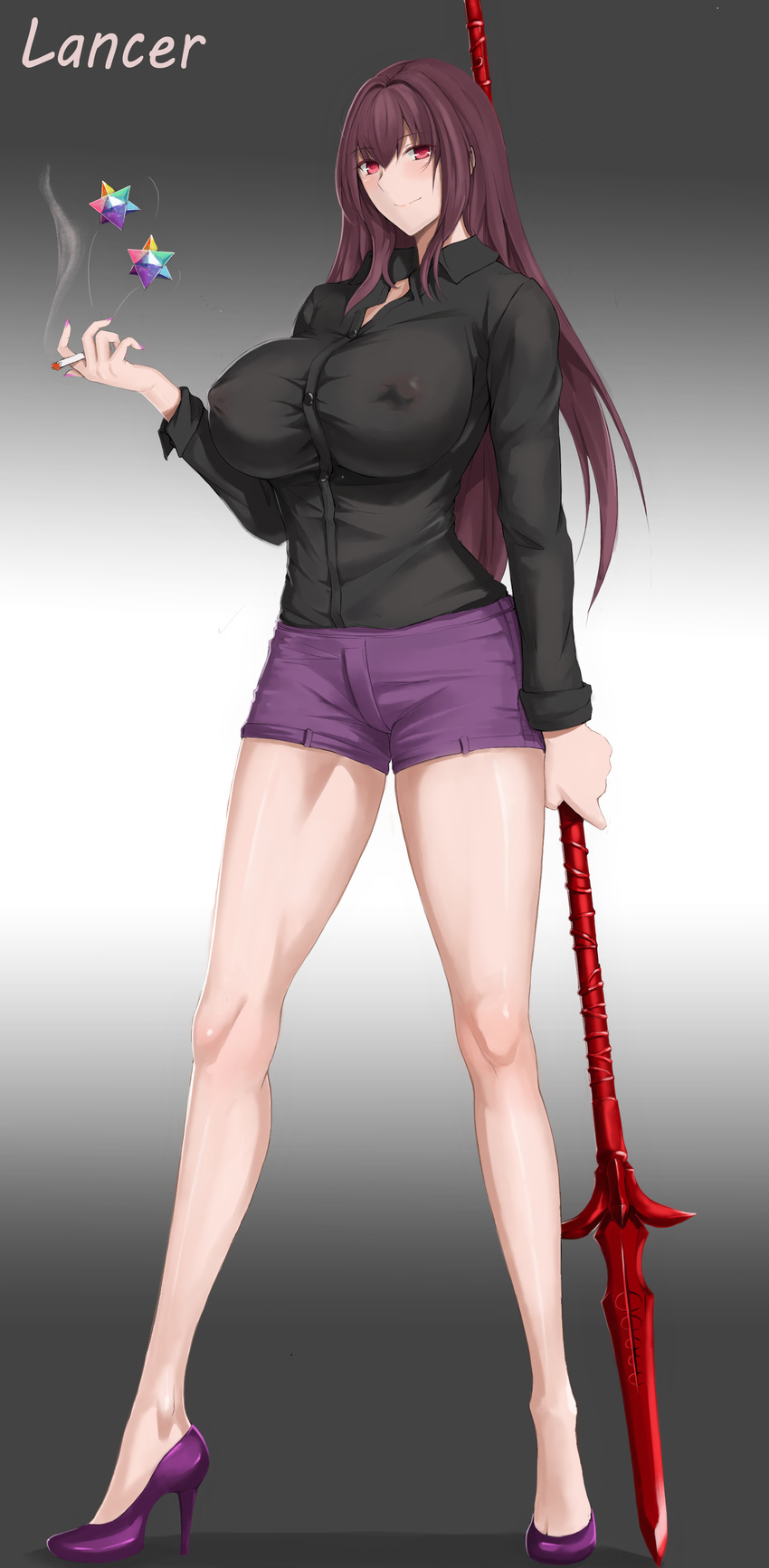 absurdres bangs black_shirt breasts cigarette covered_nipples dress_shirt fate_(series) gae_bolg high_heels highres large_breasts legs long_hair looking_at_viewer nail_polish pink_nails purple_footwear purple_hair purple_shorts red_eyes rosaline scathach_(fate)_(all) scathach_(fate/grand_order) shirt shoes short_shorts shorts smile solo standing taut_clothes taut_shirt tiny_head very_long_hair