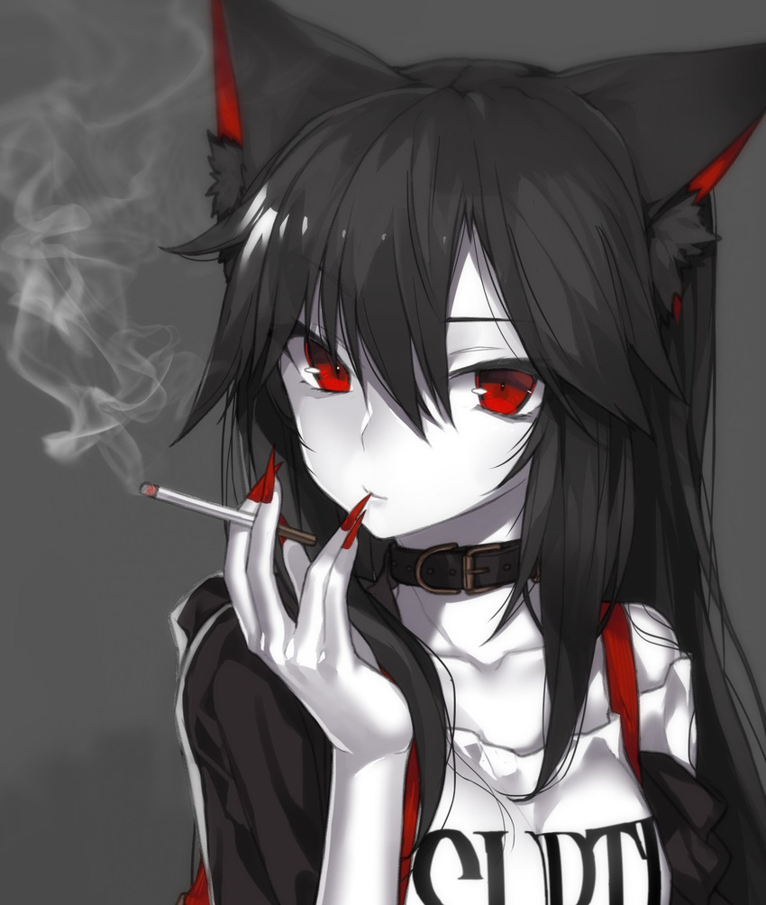 alternate_costume animal_ears bangs belt_collar black_background black_hair black_jacket breasts cigarette closed_mouth clothes_writing collar collarbone commentary_request contemporary eyebrows_visible_through_hair fingernails hair_between_eyes highres hitoshi holding holding_cigarette imaizumi_kagerou jacket long_fingernails long_hair looking_at_viewer medium_breasts nail_polish off_shoulder red_eyes red_nails shirt simple_background smoke solo touhou upper_body white_shirt white_skin wolf_ears