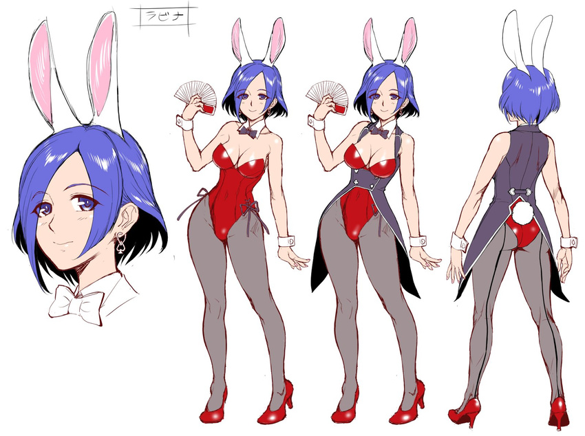 animal_ears ass bare_shoulders blue_eyes blue_hair breasts bunny_ears bunny_tail bunnysuit card cleavage coattails commentary concept_art detached_collar earrings full_body high_heels highres holding jewelry leotard looking_at_viewer medium_breasts multiple_views pantyhose short_hair simple_background standing strapless strapless_leotard tail taimanin_(series) taimanin_asagi_kessen_arena turnaround white_background wrist_cuffs zol
