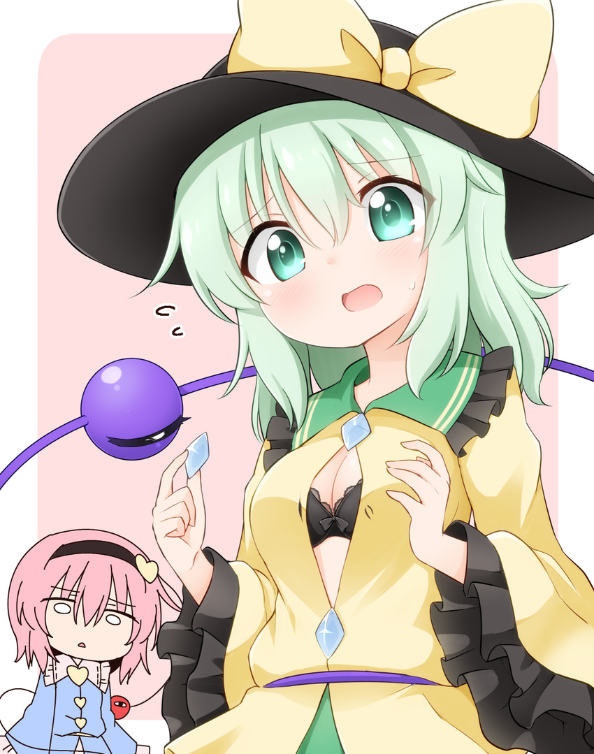 bangs black_bra black_hat blouse blue_blouse blush bow bra breasts cleavage commentary_request eyeball frilled_sleeves frills green_eyes green_hair hairband hat hat_bow heart highres komeiji_koishi komeiji_satori long_sleeves multiple_girls open_mouth pink_hair siblings sisters small_breasts suwa_yasai third_eye touhou underwear upper_body wide_sleeves yellow_blouse yellow_bow