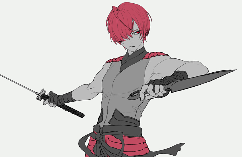ahoge bare_shoulders closed_mouth dual_wielding fate/grand_order fate_(series) fingerless_gloves fuuma_kotarou_(fate/grand_order) gloves grey_background hair_over_one_eye holding holding_sword holding_weapon kunai male_focus monochrome outstretched_arms red_eyes red_hair reverse_grip simple_background solo spot_color spread_arms standing sword tenobe weapon