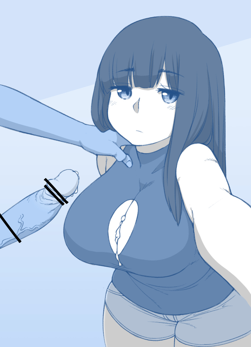 :/ after_paizuri bangs black_hair blue blunt_bangs blush breasts censored cleavage_cutout closed_mouth collarbone cum cum_on_body cum_on_breasts cum_on_upper_body ekz_(drawfag) erection eyebrows_visible_through_hair hand_on_another's_shoulder highres large_breasts long_hair looking_at_viewer monochrome mosaic_censoring original penis pov shirt short_shorts shorts sketch sleeveless sleeveless_shirt solo_focus