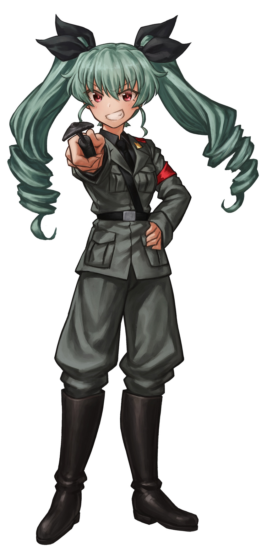 absurdres anchovy anzio_military_uniform bangs belt black_belt black_footwear black_neckwear black_ribbon black_shirt boots commentary_request dress_shirt drill_hair eyebrows_visible_through_hair full_body girls_und_panzer green_hair grey_jacket grey_pants grin hair_ribbon hand_on_hip highres holding jacket knee_boots lain long_hair long_sleeves looking_at_viewer military military_uniform necktie pants red_eyes ribbon riding_crop sam_browne_belt shirt simple_background smile solo standing twin_drills twintails uniform white_background