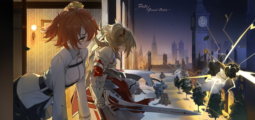 armor belt blonde_hair chaldea_uniform charles_babbage_(fate/grand_order) elizabeth_tower fate/apocrypha fate/grand_order fate_(series) frankenstein's_monster_(fate) fujimaru_ritsuka_(female) highres indoors lamp leaning_forward mace mordred_(fate) mordred_(fate)_(all) multiple_girls night nine_(liuyuhao1992) outdoors paracelsus_(fate) pauldrons picture_(object) ponytail red_hair red_scrunchie scrunchie sky star_(sky) starry_sky tower tower_bridge_(london) tree veil weapon yellow_eyes yellow_scrunchie