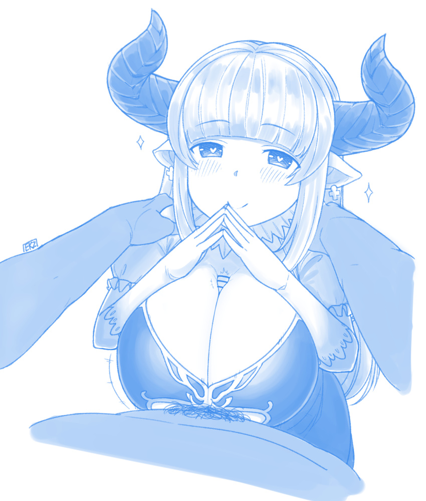 1boy 1girl alicia_(granblue_fantasy) bangs blue blunt_bangs blush breasts closed_mouth draph dress earrings ekz_(drawfag) eyebrows_visible_through_hair from_above gloves granblue_fantasy hands_on_another's_shoulders heart heart-shaped_pupils hetero highres horns huge_breasts jewelry long_hair looking_at_viewer male_pubic_hair monochrome paizuri paizuri_under_clothes penis pointy_ears pubic_hair sketch solo_focus sparkle steepled_fingers symbol-shaped_pupils white_background