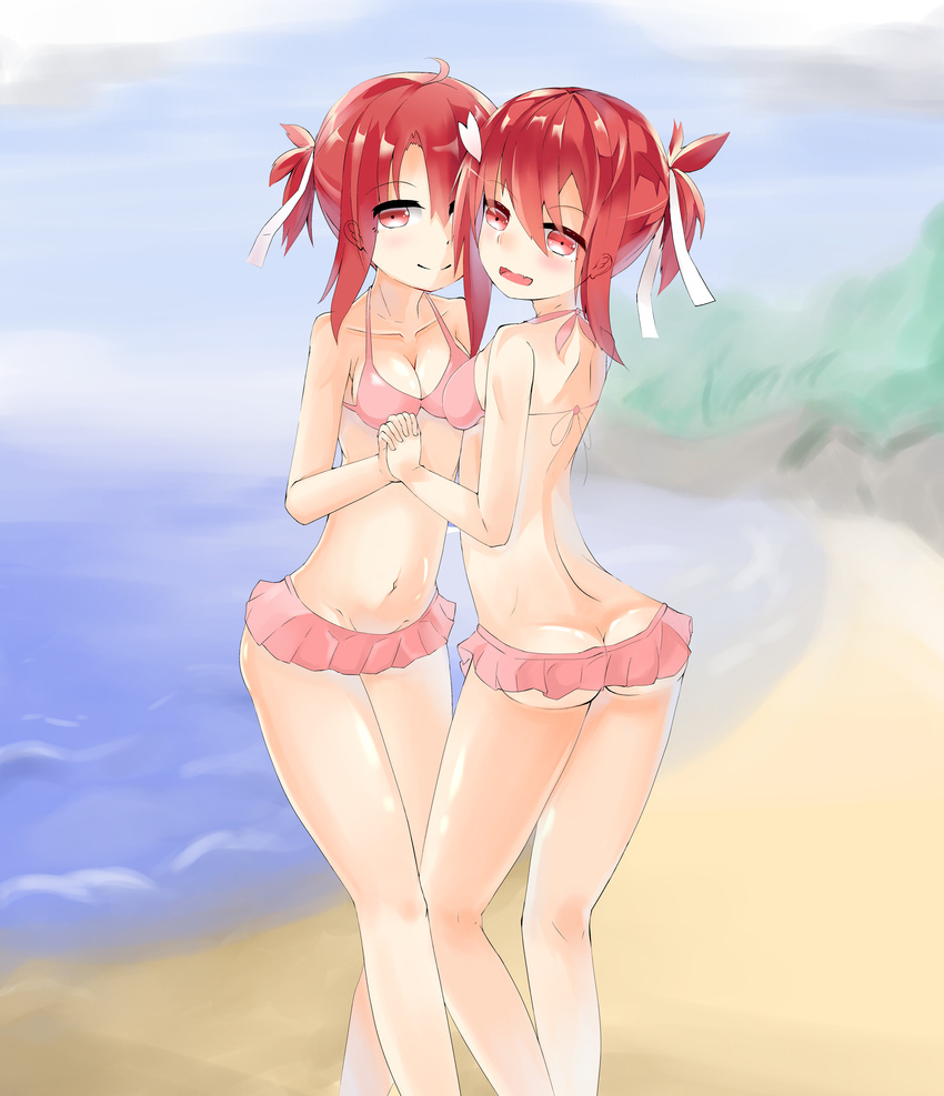 2girls ass beach bikini blush collarbone dual_persona groin multiple_girls navel open_mouth red_eyes red_hair smile yuuki_yuuna yuuki_yuuna_wa_yuusha_de_aru