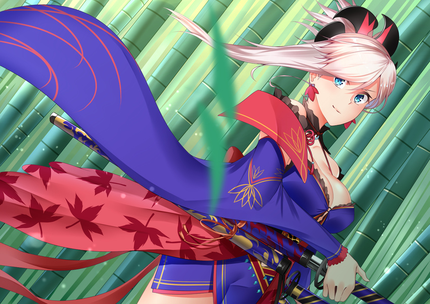 bamboo bamboo_forest blue_eyes breasts collarbone commentary_request detached_sleeves earrings fate/grand_order fate_(series) forest hair_ornament japanese_clothes jewelry katana kimono large_breasts leaf_print looking_at_viewer miyamoto_musashi_(fate/grand_order) nature pink_hair ponytail sash smile solo sword weapon yuu-kun_(linke_hand)