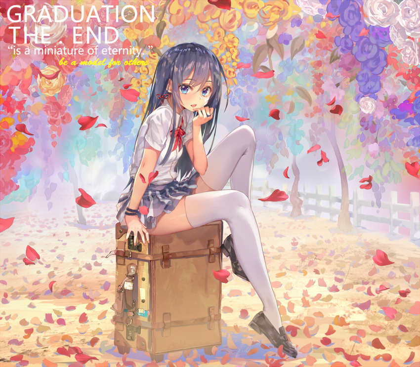aimee_(emi) bad_id bad_pixiv_id bangs black_footwear blouse blue_eyes blue_hair commentary_request day english eyebrows_visible_through_hair hair_ribbon hand_up knee_up loafers long_hair looking_at_viewer luggage open_mouth outdoors petals red_ribbon ribbon rolling_suitcase rose_petals shoes short_sleeves sidelocks sitting smile solo thighhighs thighs white_blouse white_legwear wristband yahari_ore_no_seishun_lovecome_wa_machigatteiru. yukinoshita_yukino zettai_ryouiki