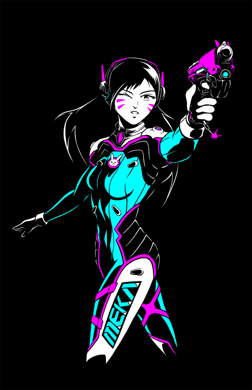 acronym aiming animal_print bangs black_background blue_bodysuit bodysuit bokchoi-al breasts brown_eyes brown_hair bunny_print clothes_writing cowboy_shot d.va_(overwatch) facepaint facial_mark flat_color gloves gun handgun headphones high_collar highres holding holding_gun holding_weapon limited_palette long_hair looking_at_viewer one_eye_closed overwatch parted_lips pilot_suit pistol ribbed_bodysuit shoulder_pads simple_background skin_tight small_breasts solo swept_bangs weapon whisker_markings white_gloves