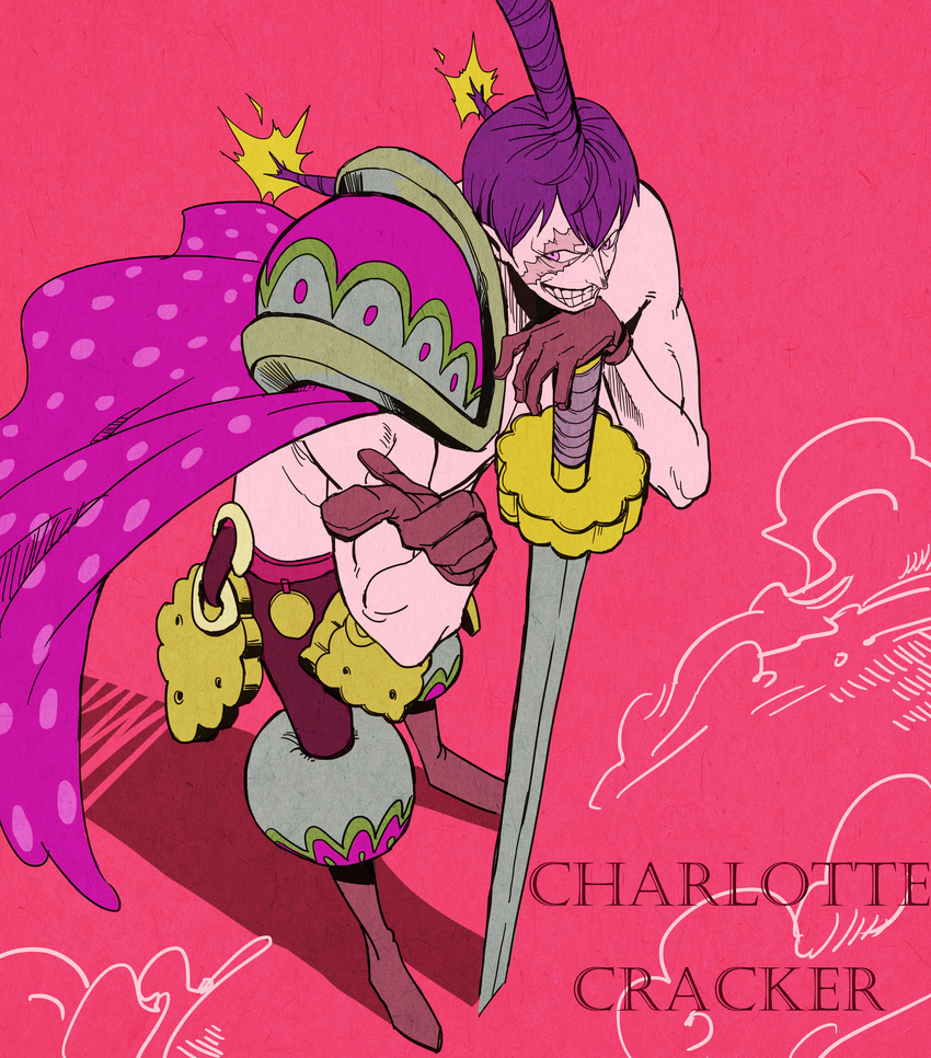 absurdres boots cape character_name charlotte_cracker gloves hair_bun highres living_(pixiv5031111) male_focus one_piece pink_background purple_hair scar shirtless simple_background solo sword teeth weapon