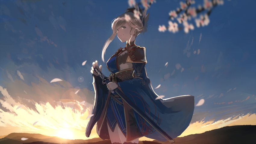 blue_eyes breasts commentary_request detached_sleeves dusk earrings fate/grand_order fate_(series) hair_ornament highres japanese_clothes jewelry katana kimono large_breasts looking_at_viewer mifuru miyamoto_musashi_(fate/grand_order) mountain nature petals pink_hair ponytail sash smile solo sun sunlight sword thighhighs tree_branch weapon