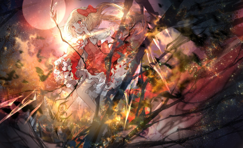 adapted_costume bare_legs blonde_hair bow cierra_(ra-bit) dress flandre_scarlet full_body full_moon hair_bow long_sleeves moon open_mouth outdoors red_bow red_dress red_eyes short_dress smile solo standing touhou tree wings
