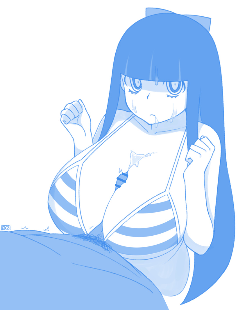 1girl bangs bar_censor blue blunt_bangs bow breasts censored clenched_hands closed_mouth collarbone cropped_torso cum cum_on_body cum_on_breasts cum_on_hair cum_on_upper_body ekz_(drawfag) erection facial from_above frown hair_bow hetero highres huge_breasts long_hair looking_at_viewer male_pubic_hair monochrome paizuri panty_&amp;_stocking_with_garterbelt penis pubic_hair sketch solo_focus stocking_(psg) striped_bikini_top white_background