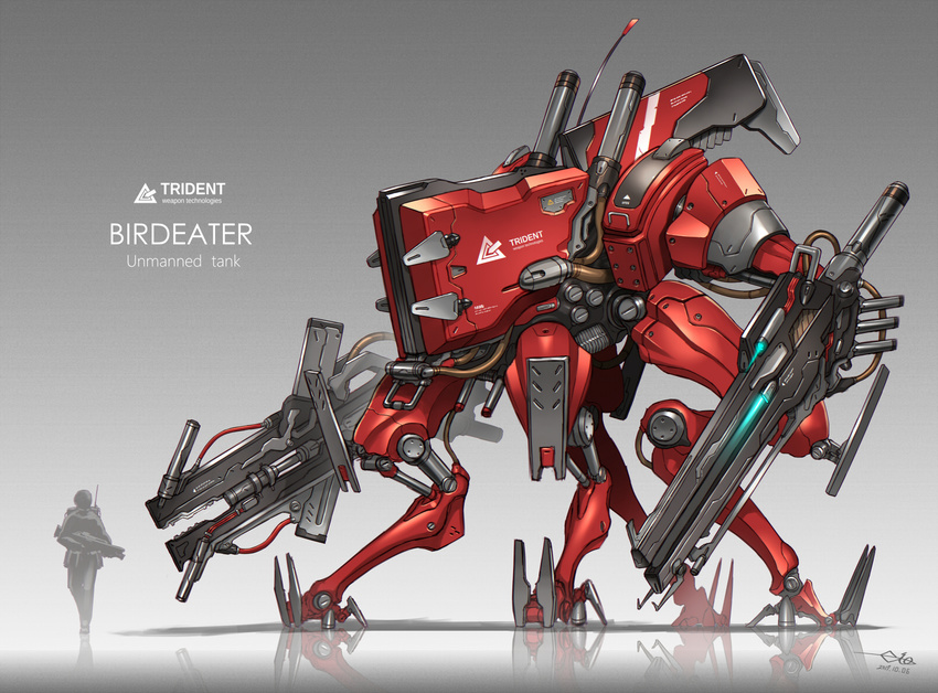 character_name commentary_request dated gia gradient gradient_background grey_background gun highres mecha original science_fiction signature soldier walker weapon