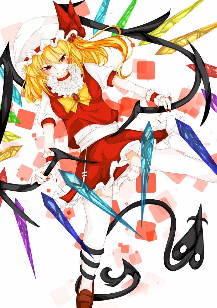&gt;:) bangs blonde_hair blush bow bowtie breasts brooch choker closed_mouth commentary_request crystal flandre_scarlet frilled_shirt_collar frilled_skirt frills hat hat_ribbon highres jewelry laevatein loafers long_hair looking_at_viewer medium_breasts mob_cap puffy_short_sleeves puffy_sleeves red_eyes red_ribbon red_skirt red_vest ribbon sarasadou_dan shirt shoes short_sleeves side_ponytail skirt skirt_set smile solo thighhighs touhou tsurime v-shaped_eyebrows vest white_legwear white_shirt wings wrist_cuffs yellow_bow yellow_neckwear