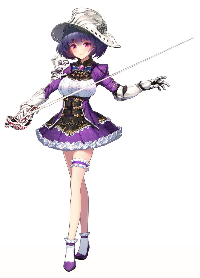 absurdres bangs blue_hair breasts commentary dress eyebrows_visible_through_hair floral_print full_body gauntlets hat highres holding holding_sword holding_weapon korean_commentary long_sleeves looking_at_viewer medium_breasts original purple_eyes rapier rheez short_dress short_hair simple_background smile solo standing sword thigh_strap weapon white_background white_legwear