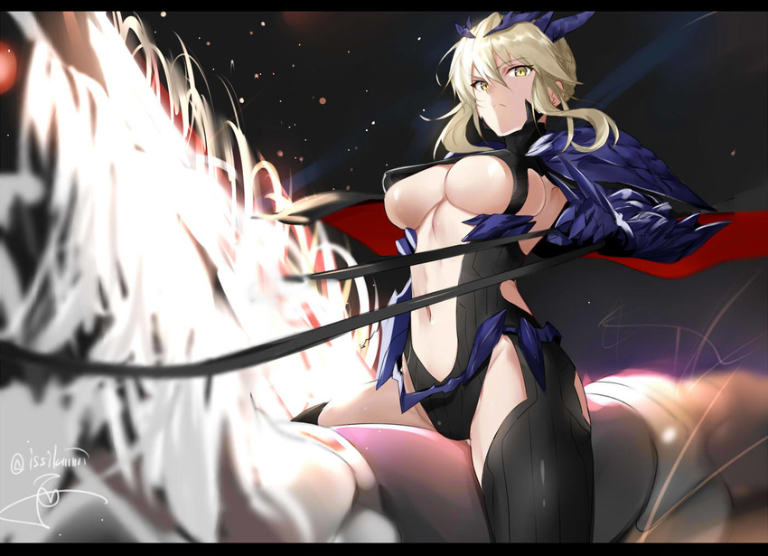 armor artist_name artoria_pendragon_(all) artoria_pendragon_(lancer_alter) blonde_hair bodysuit breasts capelet center_opening closed_mouth crown fate/grand_order fate_(series) gauntlets horse horseback_riding isshiki_(ffmania7) large_breasts letterboxed llamrei_(fate) looking_at_viewer navel pauldrons reins revealing_clothes riding sidelocks signature solo thighhighs thighs turtleneck twitter_username underboob yellow_eyes