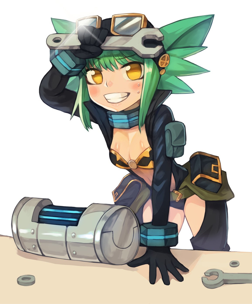 :d animal_ears arm_support bangs belt black_jacket black_panties black_pants blush bra bracelet breasts collar commission eyebrows_visible_through_hair gears gloves goggles goggles_on_head green_hair gremlin_(monster_girl_encyclopedia) grin highres holding_wrench jacket jewelry leaning_forward leaning_on_object legs_apart long_sleeves looking_at_viewer monster_girl_encyclopedia navel navel_cutout open_clothes open_jacket open_mouth open_pants panties pants pouch short_hair simple_background small_breasts smile solo sookmo standing sweat table underwear white_background wrench yellow_eyes