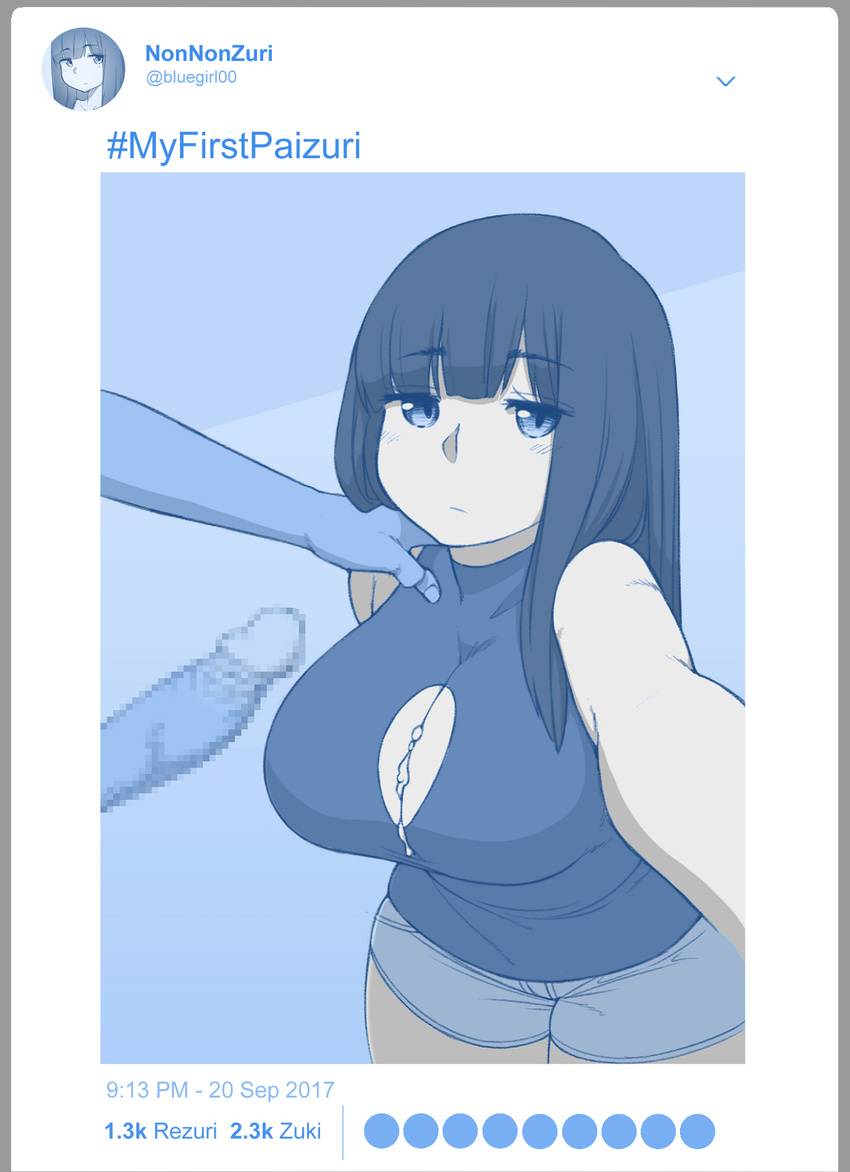 :/ bangs black_hair blue blunt_bangs blush breasts censored cleavage_cutout closed_mouth collarbone cum cum_on_body cum_on_breasts cum_on_upper_body dated ekz_(drawfag) erection eyebrows_visible_through_hair hand_on_another's_shoulder hashtag highres large_breasts long_hair looking_at_viewer monochrome mosaic_censoring number original penis pov reaching_out self_shot shirt short_shorts shorts sketch sleeveless sleeveless_shirt solo_focus time tweet twitter twitter_username