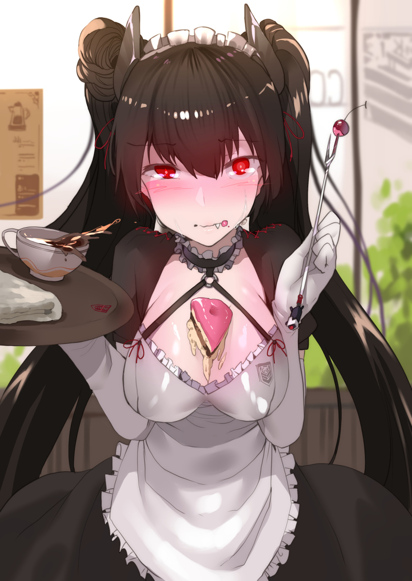 alternate_costume apron bangs black_dress black_hair blush breasts cafe cake cherry closed_mouth commentary cowboy_shot dress elbow_gloves enmaided eyebrows_visible_through_hair fang fang_out food food_on_body food_on_face fork frilled_apron frills fruit girls_frontline gloves hands_up highres holding holding_fork holding_tray indoors long_hair looking_at_viewer maid maid_headdress medium_breasts ouroboros_(girls_frontline) red_eyes sangvis_ferri side_bun sidelocks solo spill spilling teapot tears tray twintails white_gloves yueqin_(monnpiano)