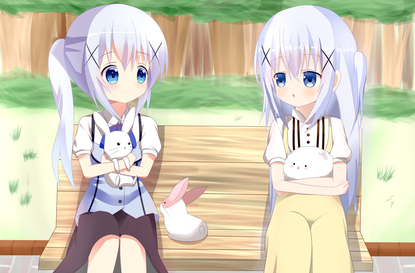 alternate_hairstyle angora_rabbit animal bangs bench black_skirt blue_bow blue_eyes blue_hair blue_vest blush bow bunny chestnut_mouth closed_mouth collared_shirt commentary_request day dress dual_persona eye_contact eyebrows_visible_through_hair gochuumon_wa_usagi_desu_ka? hair_between_eyes hair_ornament holding holding_animal kafuu_chino long_hair looking_at_another multiple_girls outdoors park_bench parted_lips ponytail rabbit_house_uniform shin01571 shirt short_sleeves sidelocks sitting skirt smile tareme tippy_(gochiusa) two_side_up undershirt very_long_hair vest white_shirt x_hair_ornament yellow_dress