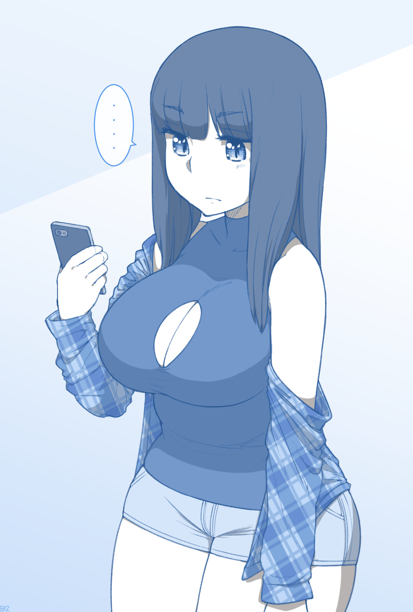 1girl arm_at_side bangs black_hair blue blunt_bangs blush breasts cellphone cleavage_cutout closed_mouth collarbone cowboy_shot ekz_(drawfag) eyebrows_visible_through_hair frown highres holding holding_phone large_breasts long_hair long_sleeves monochrome off_shoulder open_clothes open_shirt original phone plaid plaid_shirt shirt short_shorts shorts sketch smartphone solo spoken_ellipsis unmoving_pattern