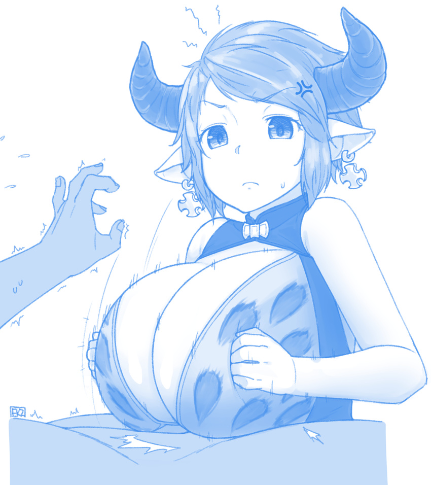 &gt;:( 1girl anger_vein blue breasts closed_mouth cross cross_earrings draph earrings ekz_(drawfag) flying_sweatdrops frown granblue_fantasy highres huge_breasts jewelry lying monochrome motion_lines on_back paizuri paizuri_under_clothes pointy_ears short_hair sketch solo_focus squiggle sturm_(granblue_fantasy) sweat v-shaped_eyebrows white_background