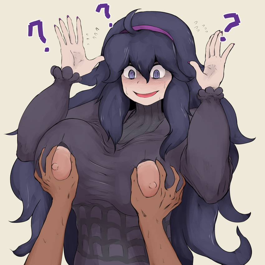 1girl @_@ ahoge breasts hex_maniac_(pokemon) huge_breasts iegami long_hair nail_polish nippleless_clothes nipples npc_trainer pokemon pokemon_(game) pokemon_xy very_long_hair