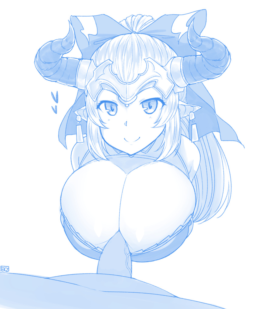 1girl aliza_(granblue_fantasy) blue blush bow breasts closed_mouth draph earrings ekz_(drawfag) erection granblue_fantasy hair_bow hair_pulled_back headpiece heart hetero highres horns huge_breasts jewelry long_hair looking_at_viewer monochrome paizuri paizuri_over_clothes paizuri_under_clothes penis pointy_ears sketch smile solo_focus uncensored veins veiny_penis white_background