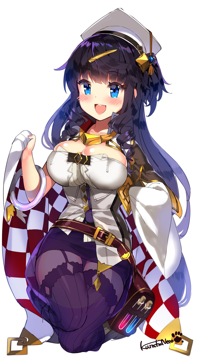 artist_name bag bangs belt black_hair black_legwear blue_eyes blush breasts cape cleavage commentary eyebrows_visible_through_hair full_body garter_straps hair_ornament hairclip hat helmine_(sennen_sensou_aigis) highres holding kneeling kuro_chairo_no_neko large_breasts long_hair looking_at_viewer miniskirt mortarboard open_mouth sennen_sensou_aigis signature simple_background skirt smile solo test_tube white_background