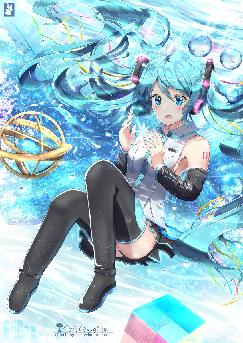 :d air_bubble aqua_hair aqua_neckwear armpits artist_name bare_shoulders between_breasts black_footwear black_legwear black_panties black_skirt black_sleeves blue_eyes blush boots breasts bubble chinchongcha collared_shirt commentary_request cube detached_sleeves deviantart_username fish grey_shirt hair_ornament hatsune_miku headphones highres ice_crystal long_hair long_sleeves medium_breasts necktie necktie_between_breasts open_mouth panties pantyshot pleated_skirt shirt skirt sleeveless sleeveless_shirt smile solo submerged sunlight thigh_boots thighhighs twintails underwater underwear very_long_hair vocaloid watermark web_address