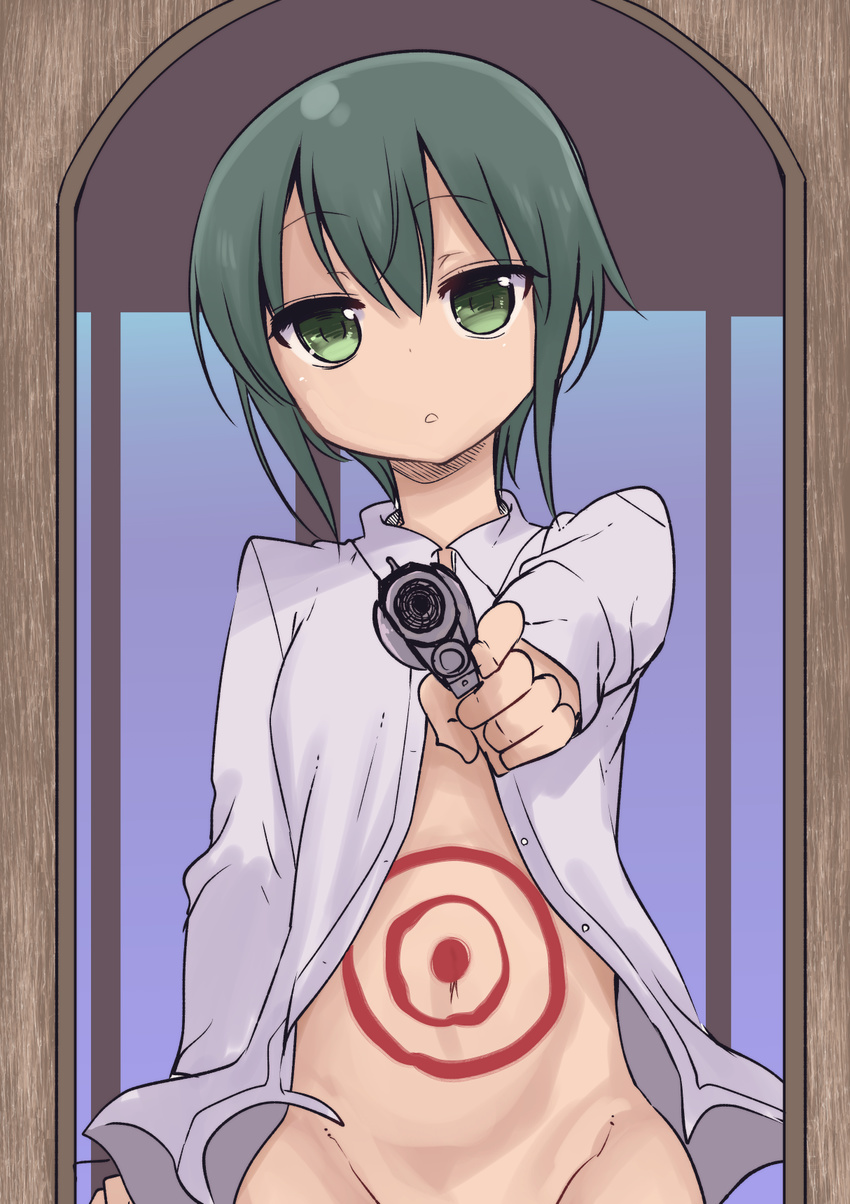 aiming_at_viewer bangs bottomless breasts commentary_request cool-kyou_shinja dress_shirt female_pov finger_on_trigger green_eyes green_hair gun hair_between_eyes half-closed_eyes handgun highres holding holding_gun holding_weapon jitome kino kino_no_tabi long_sleeves looking_at_viewer mirror open_clothes open_shirt out-of-frame_censoring parted_lips pov revolver shirt short_hair sidelocks small_breasts solo target upper_body weapon