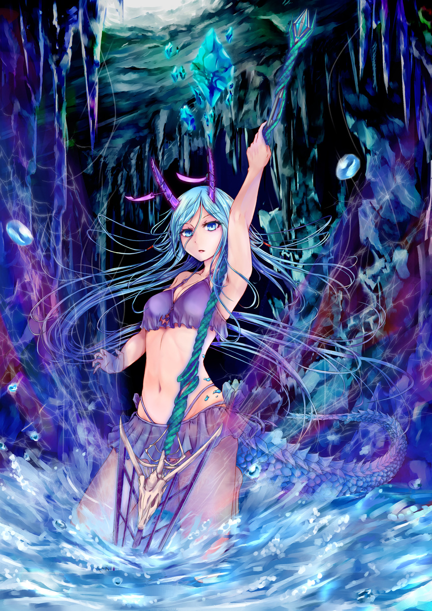 absurdres arm_up armpits bikini blue_eyes blue_hair breasts cleavage commentary_request cowboy_shot dragon_girl dragon_horns dragon_tail frilled_bikini frills highres holding holding_weapon horns long_hair looking_at_viewer medium_breasts original parted_lips polearm purple_bikini shoukaze_(syoubu0615) solo spear swimsuit tail very_long_hair wading weapon
