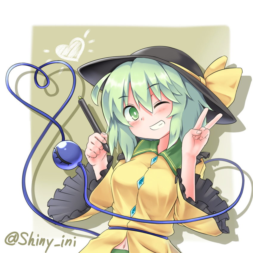 bow eyeball green_eyes green_hair green_skirt hat hat_bow hat_ribbon heart heart_of_string highres komeiji_koishi long_sleeves one_eye_closed pen ribbon shadow shiny_shinx shirt skirt smile solo third_eye touhou twitter_username v wide_sleeves