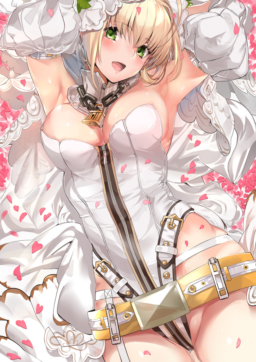 absurdres ahoge armpits arms_up belt blonde_hair blush breasts chain cleavage commentary_request detached_sleeves fate/extra fate/extra_ccc fate_(series) green_eyes highres large_breasts leotard lock looking_at_viewer lying marushin_(denwa0214) nero_claudius_(bride)_(fate) nero_claudius_(fate)_(all) on_back padlock petals revision smile solo veil white_sleeves zipper