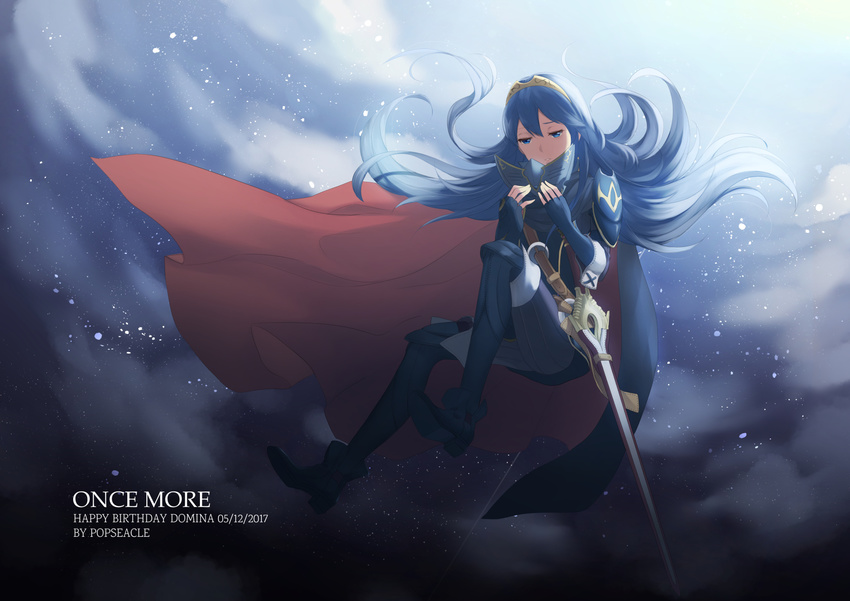 blue_eyes blue_hair boots cape fire_emblem fire_emblem:_kakusei full_body highres long_hair lucina mask mask_removed sheath solo sword thighhighs weapon