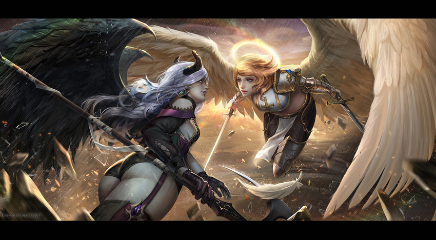 angel angel_and_devil angel_wings ass bare_shoulders battle black_vs_white black_wings blonde_hair blue_eyes breasts commentary demon_girl demon_horns demon_wings dual_wielding duel english_commentary faceoff feathered_wings fingerless_gloves garter_straps gauntlets gloves gold_trim halberd halo highres holding horns large_breasts letterboxed lips loincloth long_hair multiple_girls nose original pauldrons pelvic_curtain polearm rain red_eyes sangrde short_hair sideboob silver_hair small_breasts sword thighhighs weapon white_wings wind wings